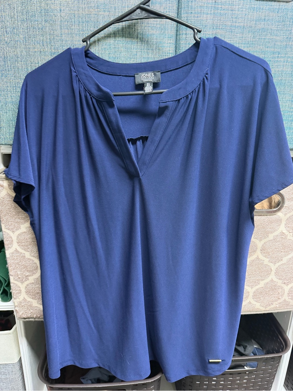 Jones New York Deep Blue Split-Neck Short Sleeve Blouse